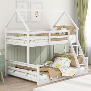 White Twin over Full House Bunk Bed with Built-in Ladder