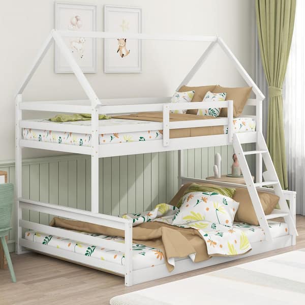 Qualler White Twin over Full House Bunk Bed with Built-in Ladder