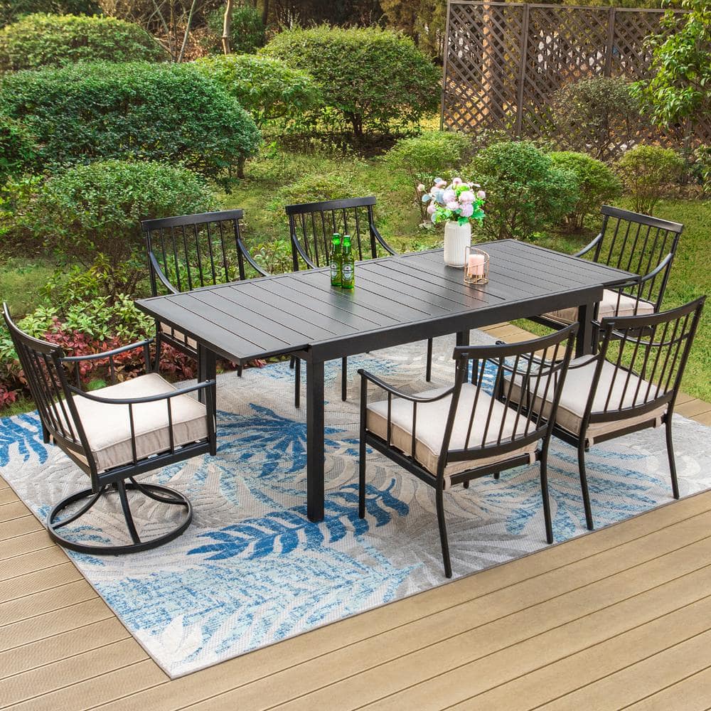 PHI VILLA 7-Piece Metal Patio Outdoor Dining Set with Extensible Table ...