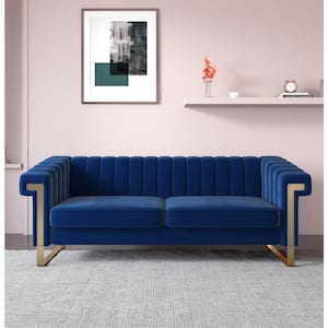83.86 in. Transitional Square Arm Velvet Straight Sofa with Removable Cushion in Blue