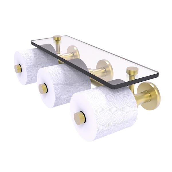 Allied Brass Prestige Skyline Collection Wall Mounted Toilet Paper Holder in Satin Brass with Glass Shelf