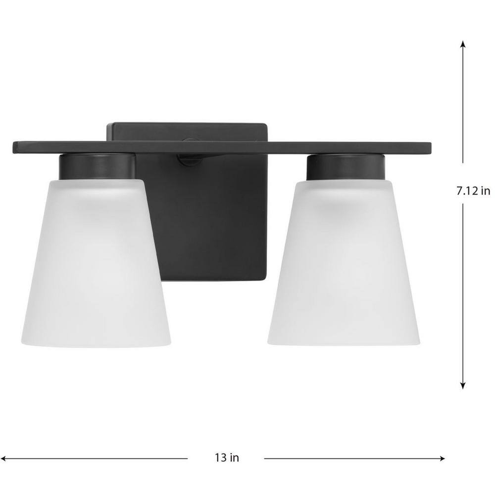 Matte Black Steel 2-Light Vanity Fixture with Etched Glass Shades