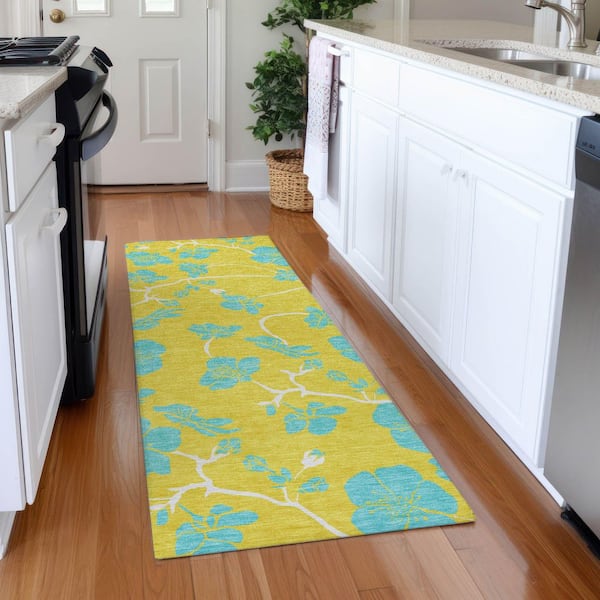 Mayfield Premium Machine Washable Abstract AMF1034 Yellow 2 ft. 3 in. x 7 ft. 6 in. Runner Rug