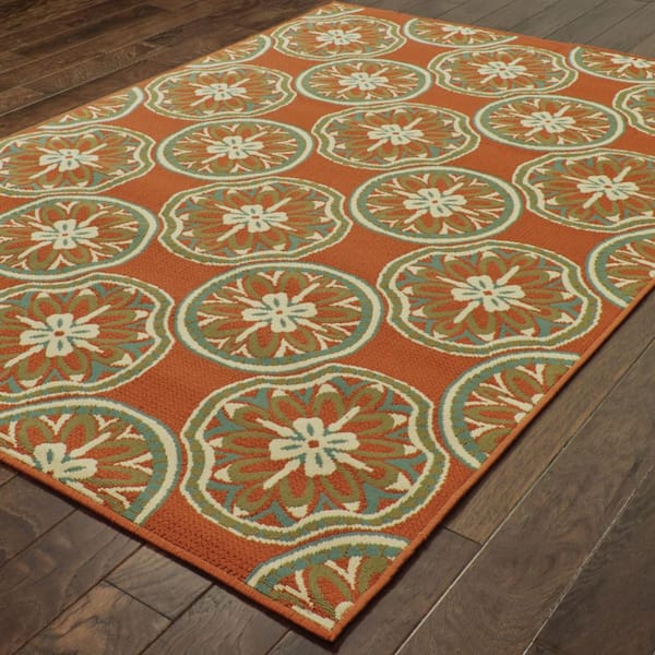 Brown, Ivory 2 ft. x 4 ft. Loomed Floral Polypropylene Rectangle Indoor/Outdoor Area Rug