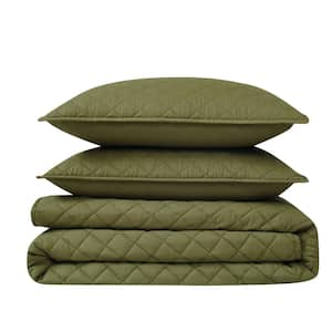 3-Piece Olive Green Solid Cotton Percale Full/Queen Quilt Set