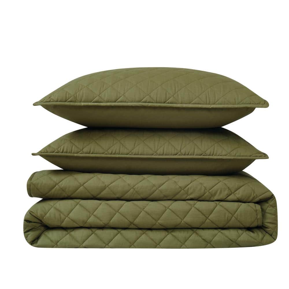 Olive Green Cotton Twin Quilt Set with Sham