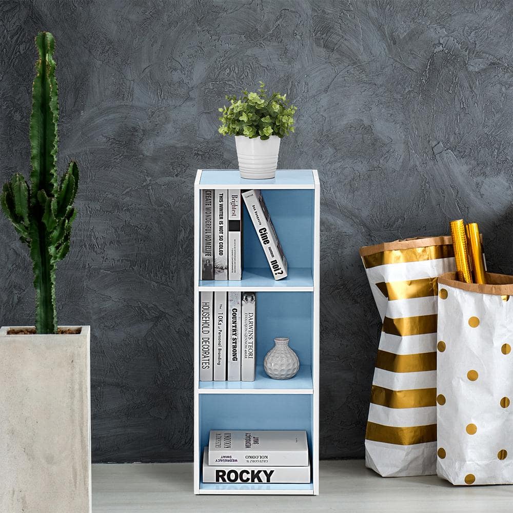 White and Light Blue 3-Tier Particle Board Bookcase