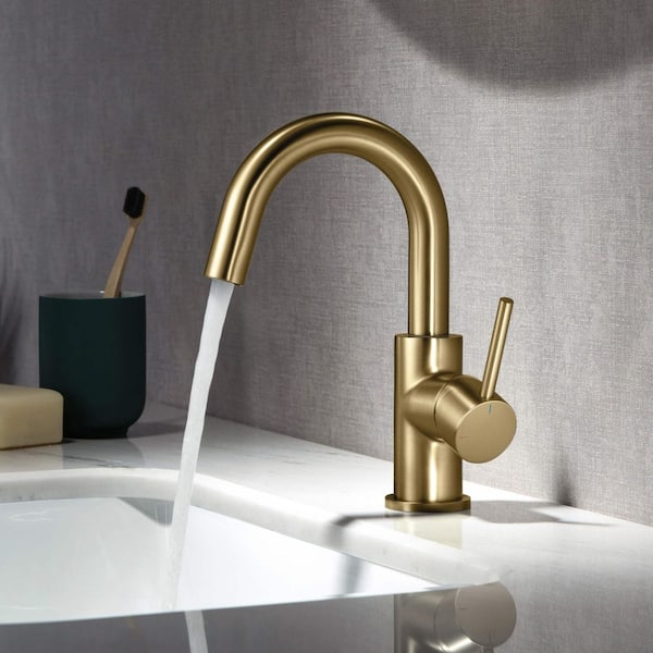 1- Handle 8.32 in. H Single Hole Bathroom Sink Faucet with Supply Lines and Pop-Up Drain in Brushed Brass