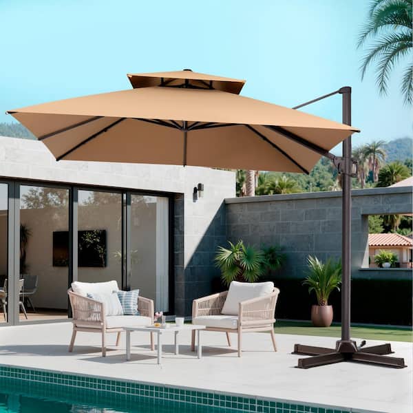double tier patio umbrella Pellebant 10 ft. Square Aluminum Double Tier Offset Patio Umbrella Outdoor Heavy-Duty 360° Swivel Cantilever Umbrella in Tan
