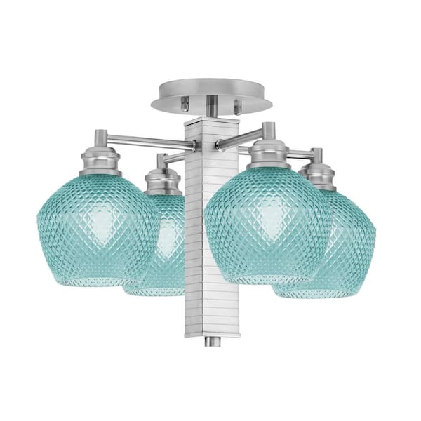 Unbranded Albany 17.75 in. 4-Light Brushed Nickel Semi-Flush with Turquoise Textured Glass Shades