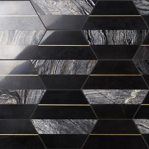 Hepburn Black 7.55 in. x 8.74 in. Polished Marble and Brass Floor and Wall Mosaic Tile (0.45 sq. ft./Each)