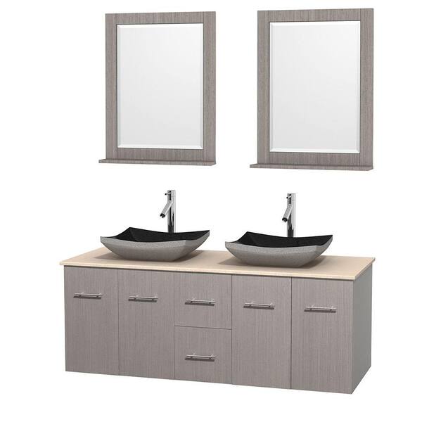 Wyndham Collection Centra 60 in. Double Vanity in Gray Oak with Marble Vanity Top in Ivory, Black Granite Sinks and 24 in. Mirrors