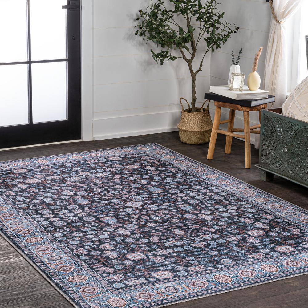 Kemer Black and Blue Washable Synthetic Persian Area Rug