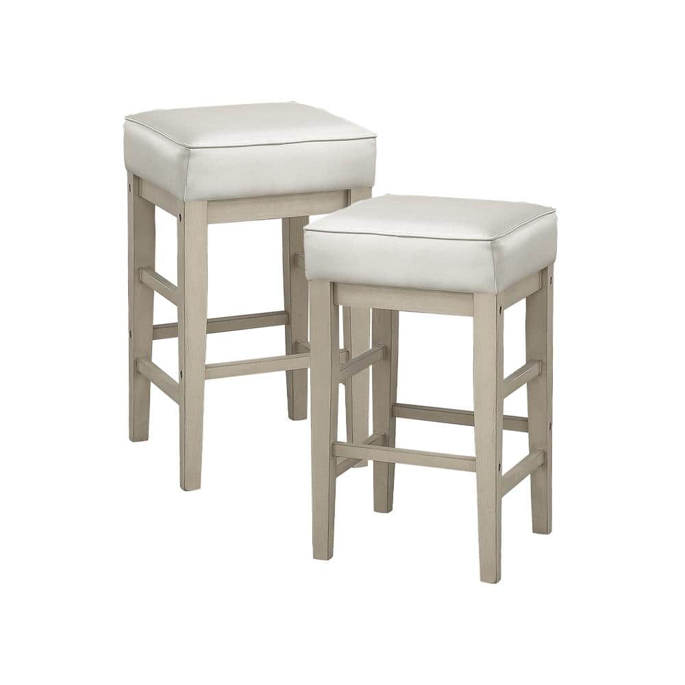 White Faux Leather and Wood Backless Counter Stools, 24 Inch