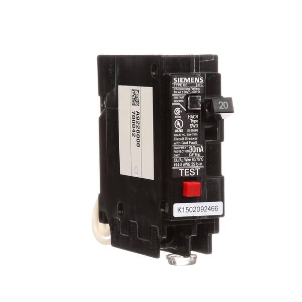 Siemens 20 Amp Single Pole Type QE Ground Fault Equipment Protection Circuit Breaker