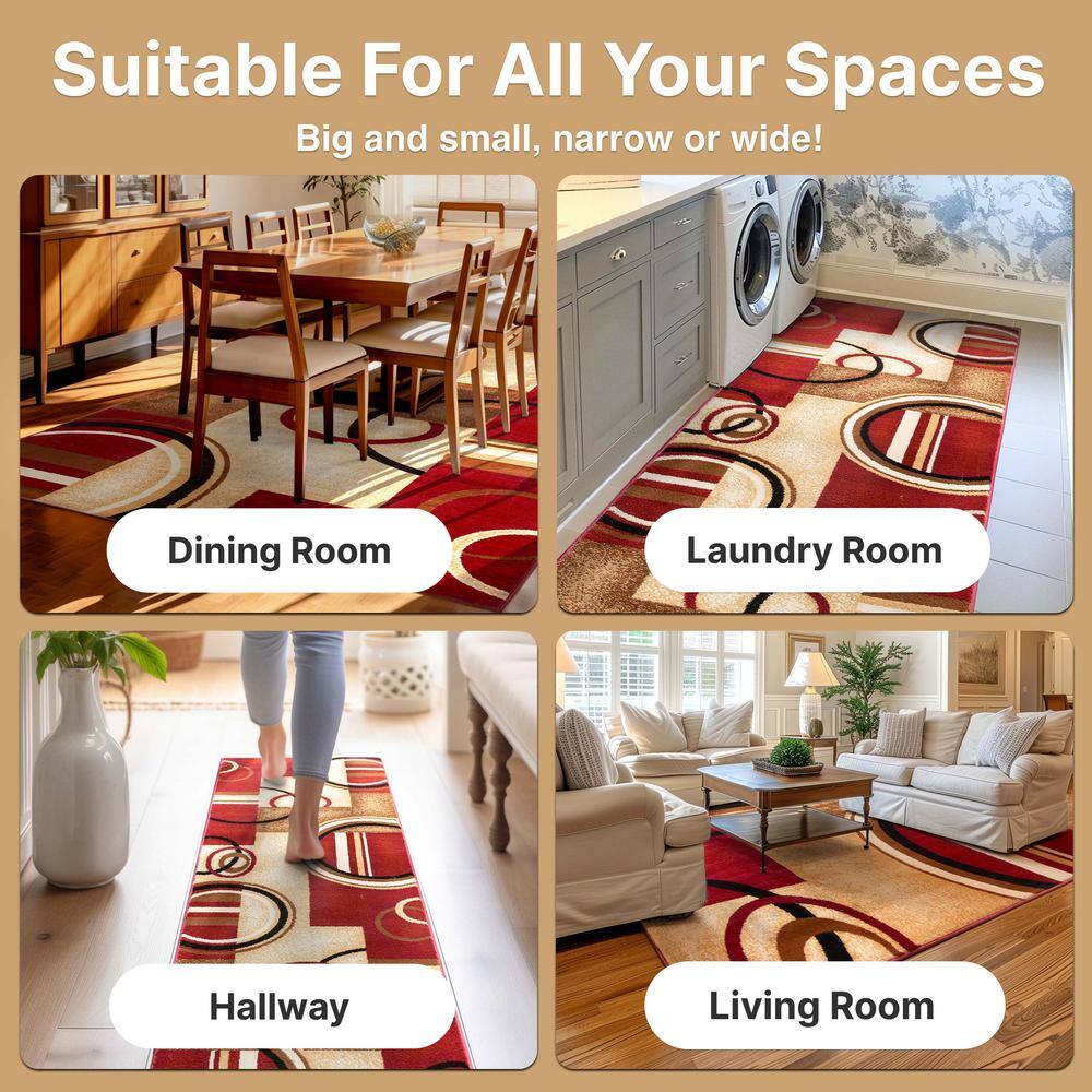 Red and Beige Geometric Synthetic Area Rug 3'11" x 5'3"