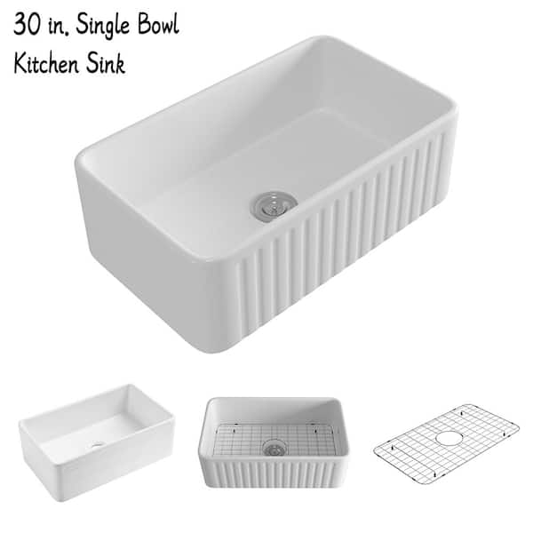 UKISHIRO Ceramic 30 x 18 in. Single Bowl Undermount Kitchen Sink with Bottom Grid and White Strainer