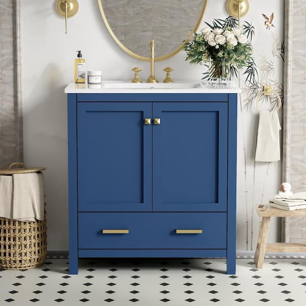 Nivencai 30 in. W Freestanding Blue Bath Vanity with White Ceramic Top, Soft Closing, Multifunctional Storage Unassembled