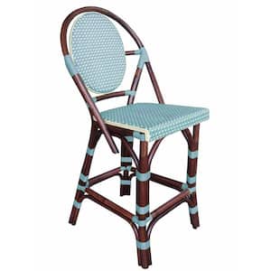 Paris Bistro 42.5 in. Blue High Back Rattan 42.5 in. Counterstool with Pe Plastic All-Weather Weaving Fiber Seat