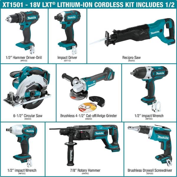 Makita 18V LXT Lithium-ion Cordless 15-Piece Combo Kit with (4) Batteries 3.0Ah, Charger and (2) XT1501 - The Home Depot