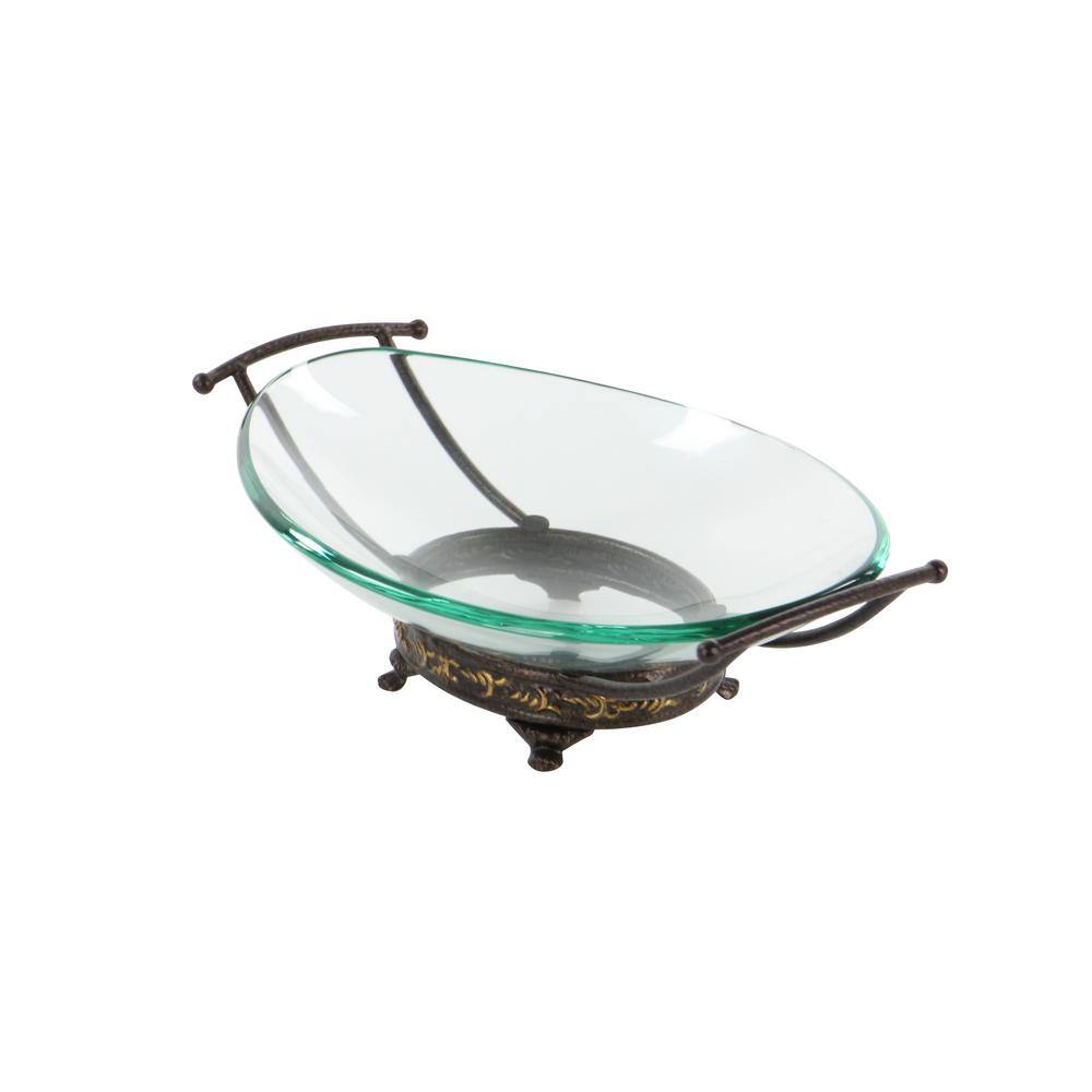 Clear Tempered Glass Elliptical Serving Bowl with Brown Metal Base