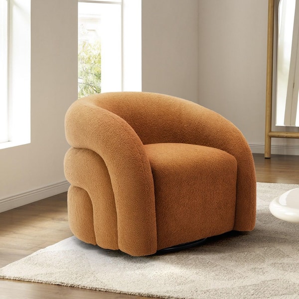 Rusted Orange Boucle Polyester Fabric 360° Swivel Accent Barrel Armchair with Metal Base (Set of 1)