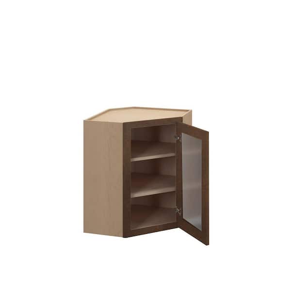 Kunal Kitchens Amherst Shaker 24 in. W x 30 in. H x 12 in. D in Walnut Plywood Assembled Frosted Glass Wall Corner Diagonal
