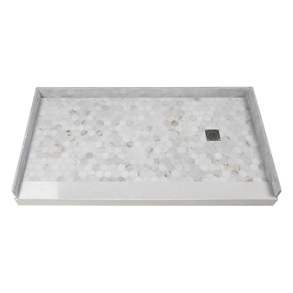 Transolid Pre-Tiled 60 in. L x 32 in. W Alcove Shower Pan Base with Right-Hand Drain in Off-White Hexagon