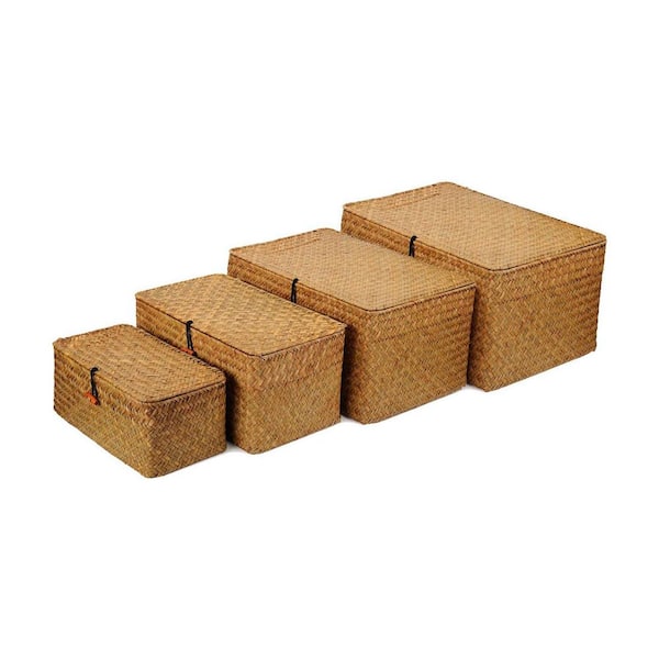 Unbranded Brown 14.2 in. x 7 in. Seagrass Decorative Basket Set of 4 with Lid