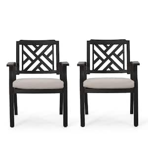 Antique Matte Black Aluminum Outdoor Dining Chair with Open Weave Style in Water-Resistant Light Beige Cushions (2-Pack)