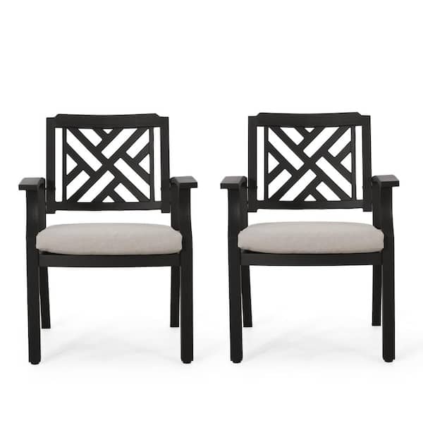Misopily Antique Matte Black Aluminum Outdoor Dining Chair with Open Weave Style in Water-Resistant Light Beige Cushions (2-Pack)