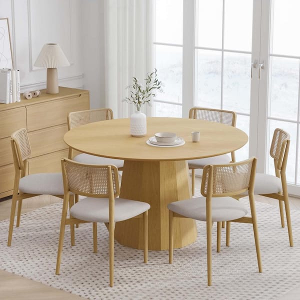 Round Oak Wood 52 in. Column Base Dining Table Seats 6