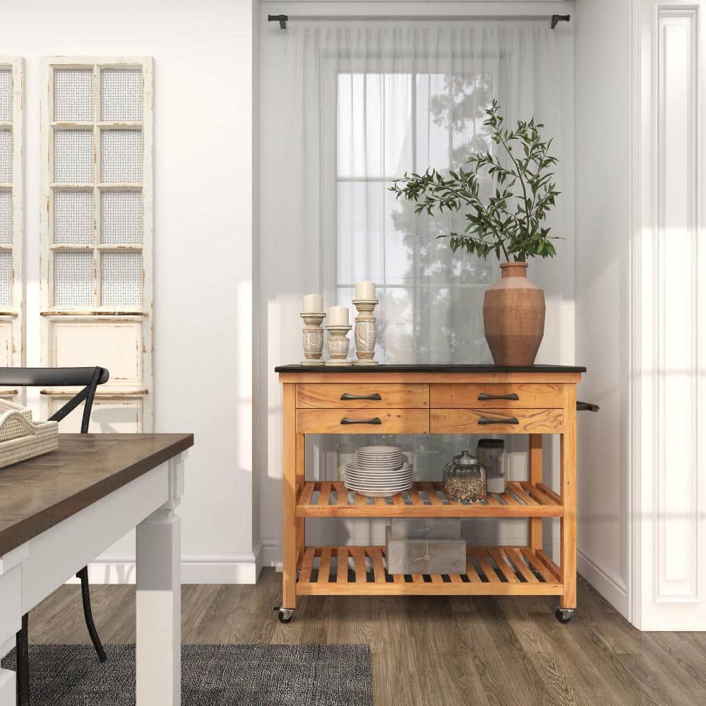 Brown Wood Kitchen Cart with Marble Top and Storage