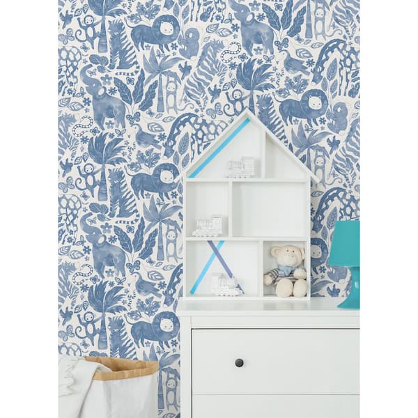 Sweet Safari Blue Vinyl Peel and Stick Wallpaper Roll