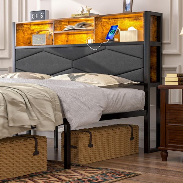 LED Bed Frame Brown Metal Frame Full Platform Bed with Charging Station, Storage Headboard, USB Outlets, Upholstered