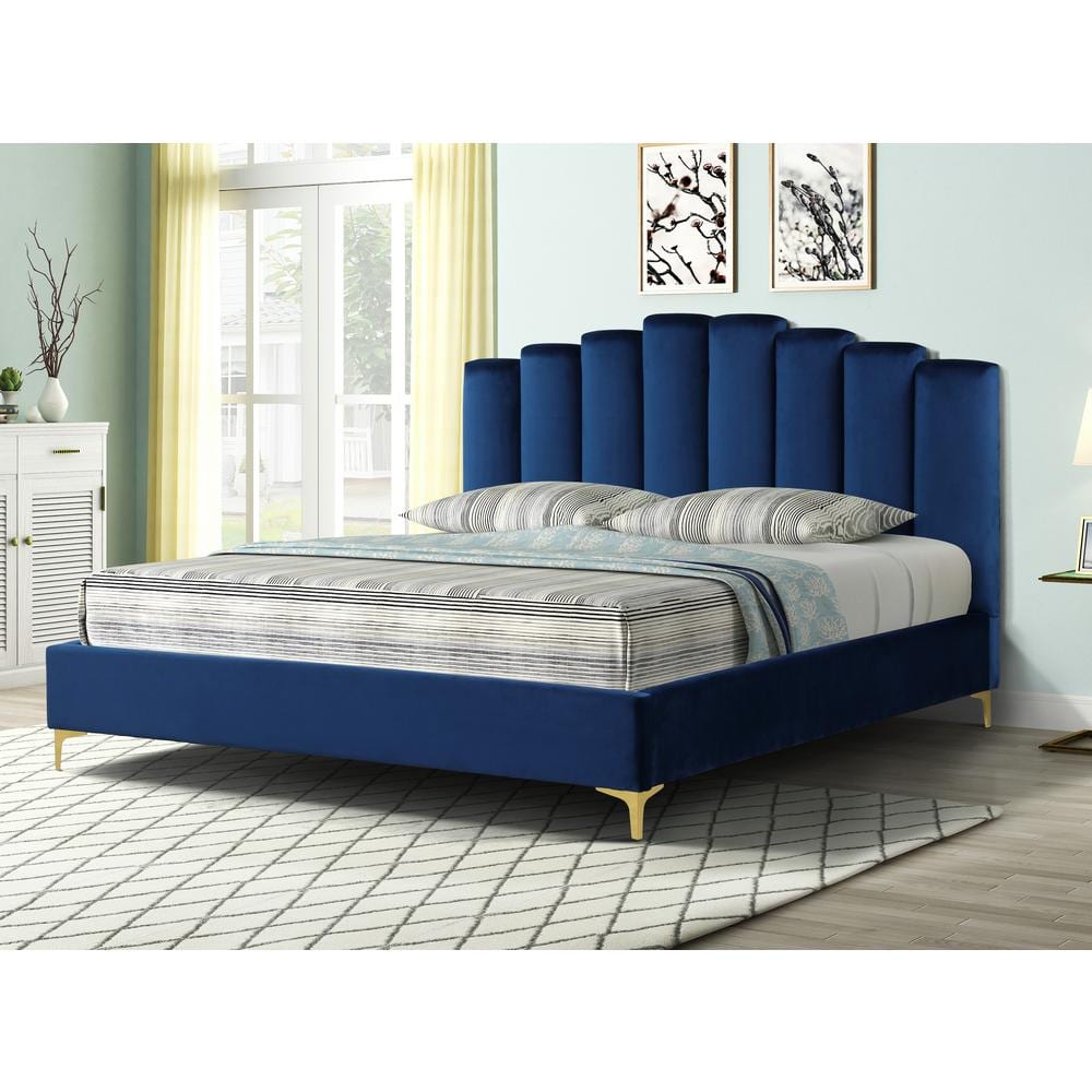 King Blue Velvet Upholstered Bed with Tufted Headboard and Gold Legs