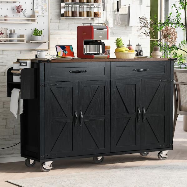 Black Wood 53.5 in. Kitchen Island with Storage Cabinet, Drop Leaf, Spice Rack Adjustable Shelf, 2 AC Outlets and 2 USB