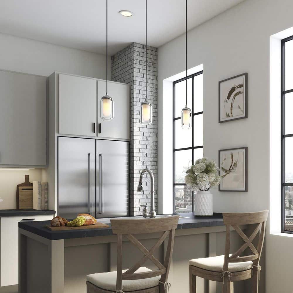 Brushed Nickel Glass Drum Island Pendant Light