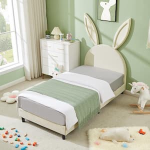 Upholstered Twin Daybed Frame for Kids, Beige Twin Platform Bed with Carton Ears Shaped Headboard