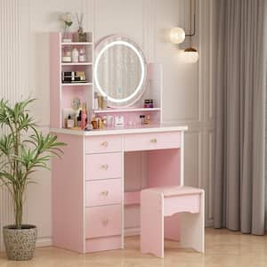 5-Drawers Pink Wood Makeup Vanity Set Dressing Desk W/Stool, LED Round Mirror and Storage Shelves 52 x 31.5 x 15.7 in.