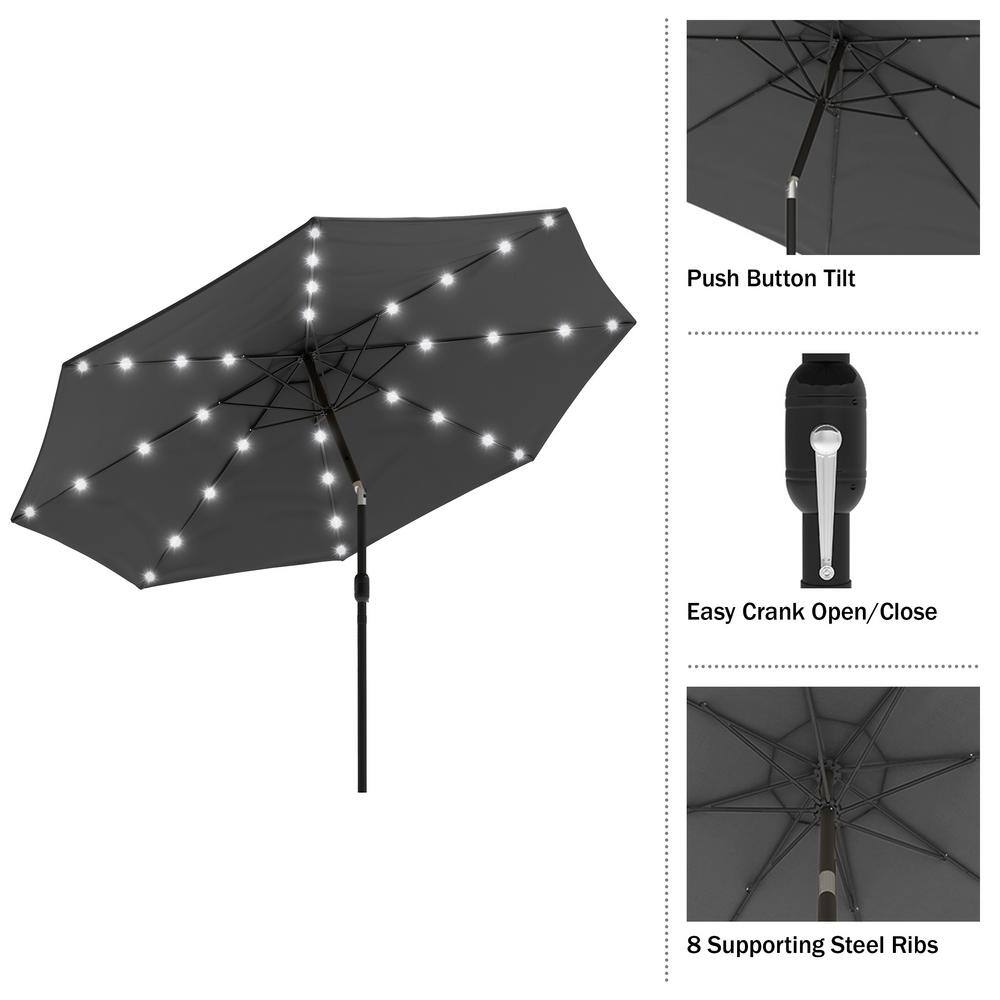 Gray 10-Foot Steel Patio Umbrella with Solar LED Lights