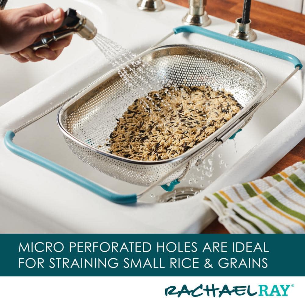 Stainless Steel Over-the-Sink Colander with Blue Handles