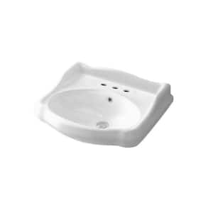 Traditional Wall Mounted Bathroom Sink in White with 3 Faucet Holes