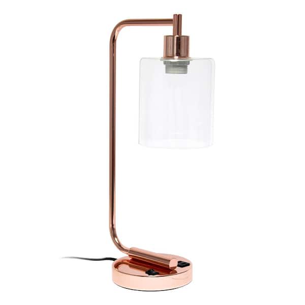 Vintage Vantage 18.8 in. Minimalist Industrial Curved Arm Desk Lamp with Clear Glass Shade and USB Ports, Rose Gold