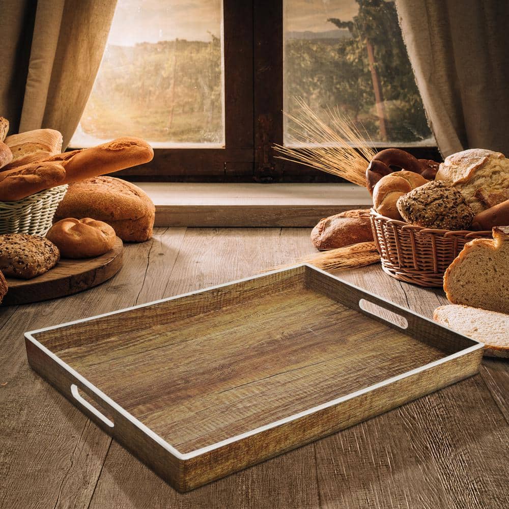 Poplar Finish Serving Tray with White Rim and Handles