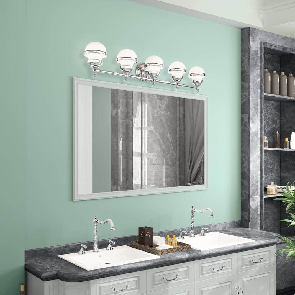 Oldwick Sleek 5-Light Polished Chrome Vanity with Satin Opal Glass