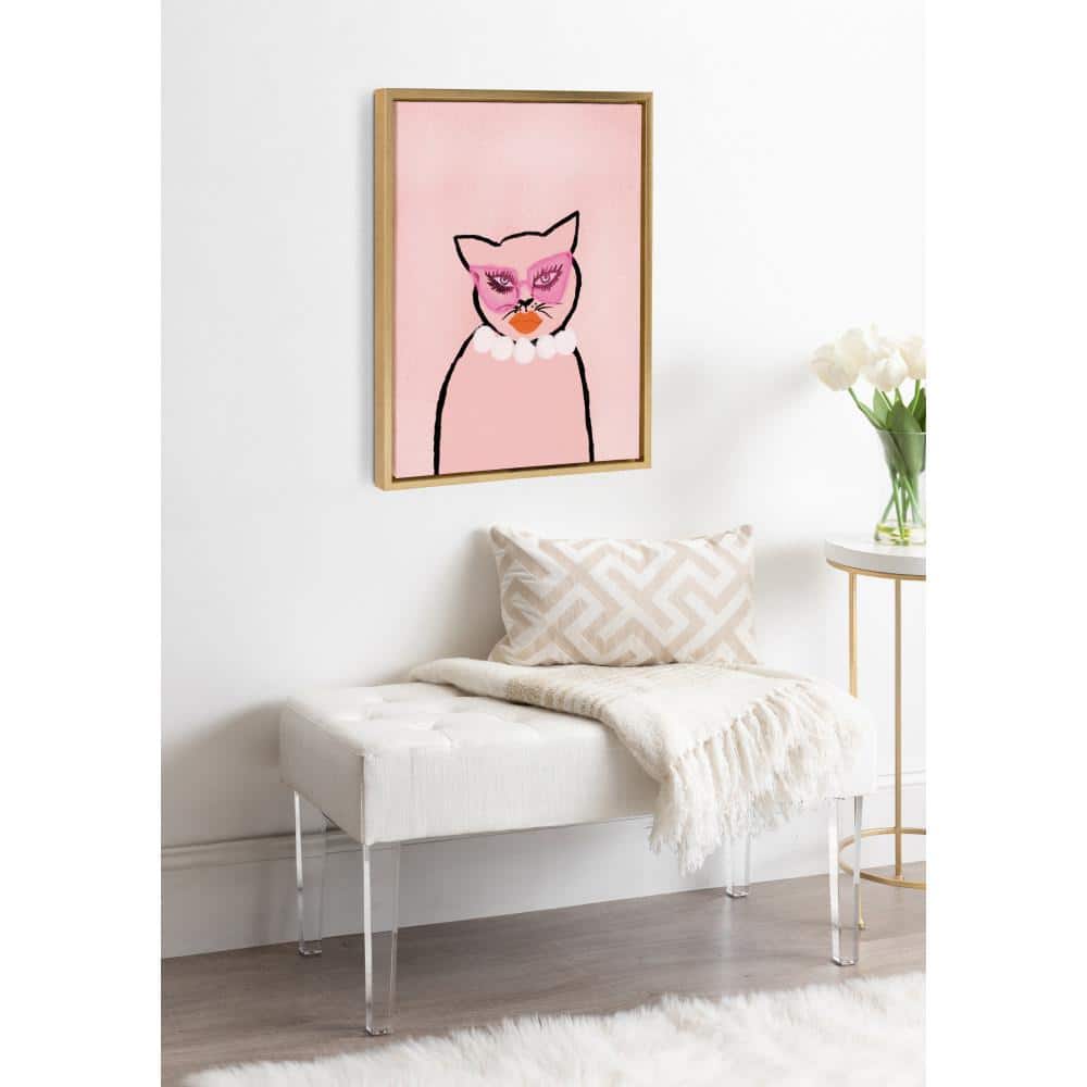 Sylvie Pink Cat in Pearls Canvas Wall Art with Gold Frame