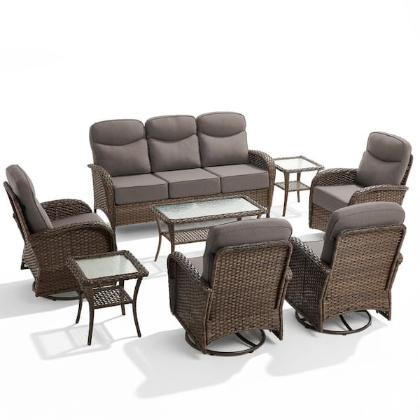 High Crescent 8-Piece Brown Wicker Patio Conversation Set with Gray Cushions and Table