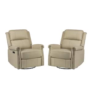 Kaletan Traditional Beige Genuine Leather Power Sliding and Rocking Swivel Recliner Nursery Chair Set with Rolled Arms