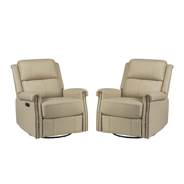 JAYDEN CREATION Kaletan Traditional Beige Genuine Leather Power Sliding and Rocking Swivel Recliner Nursery Chair Set with Rolled Arms